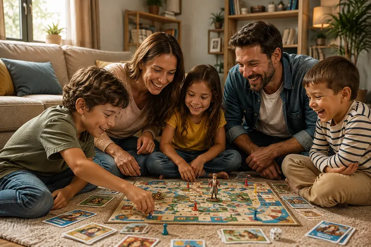 Familia jugando junta uno de los juegos de mesa bíblicos en casa