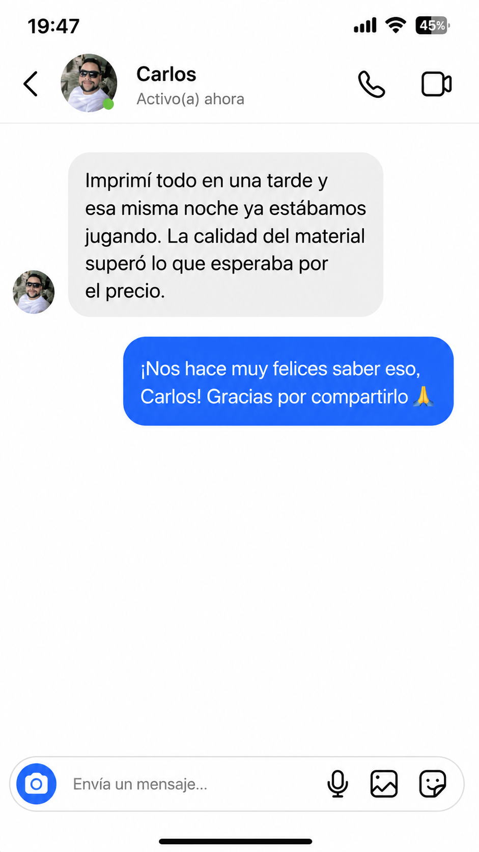 Mensaje de una familia que compró el pack