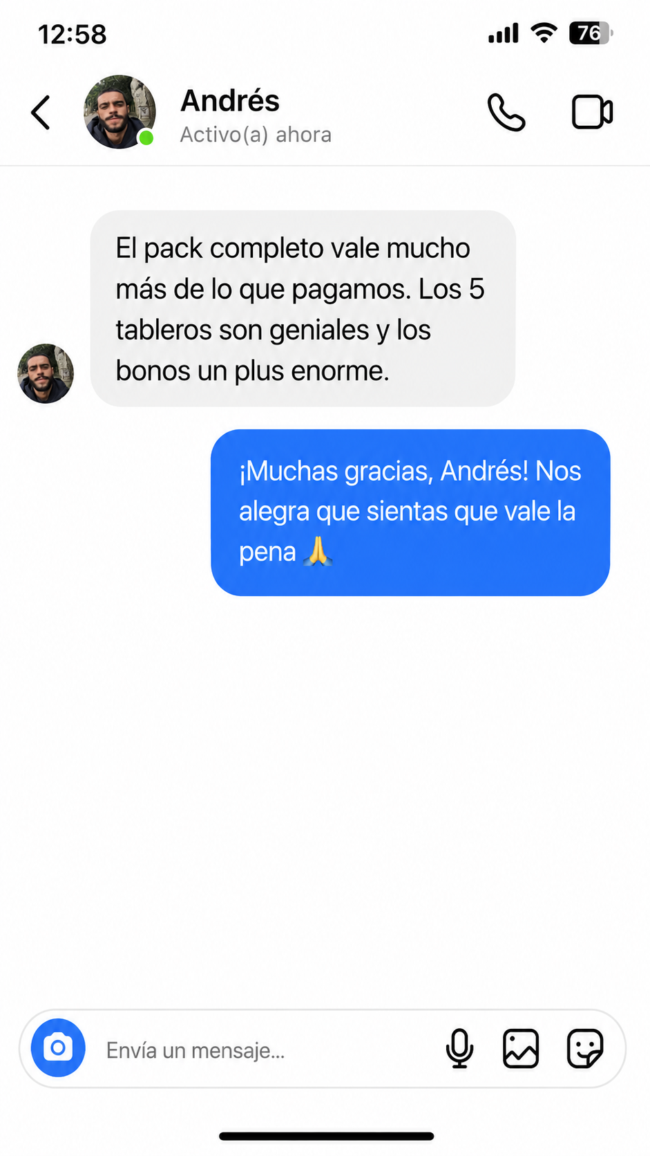 Mensaje de una familia que compró el pack